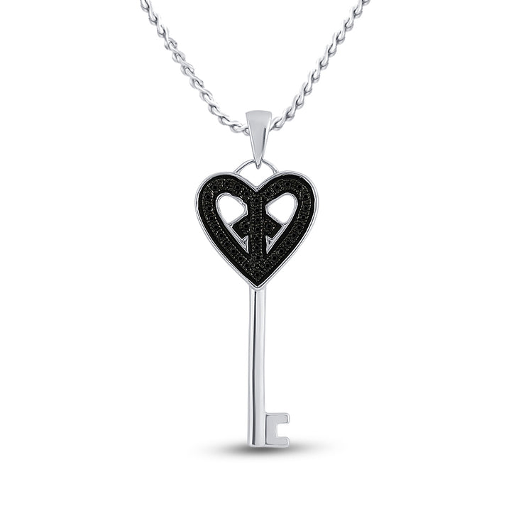 Sterling Silver Women's Black Color Enhanced Diamond Key Heart Anniversary Pendant 1/10 ctw - view 2