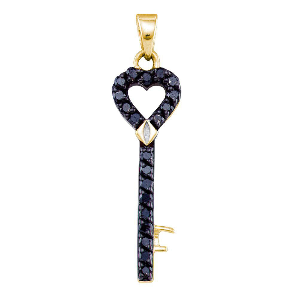 Yellow-tone Sterling Silver Women's Black Color Enhanced Diamond Heart Key Pendant 1/2 ctw