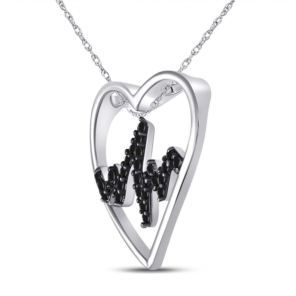 Sterling Silver Women's Black Color Enhanced Diamond Heartbeat Heart Pendant 1/10 ctw