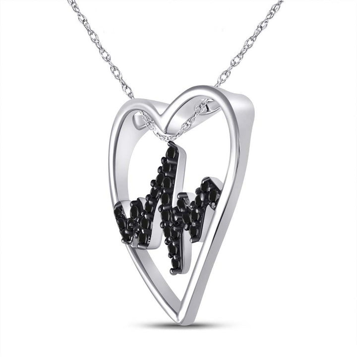 Sterling Silver Women's Black Color Enhanced Diamond Heartbeat Heart Pendant 1/10 ctw
