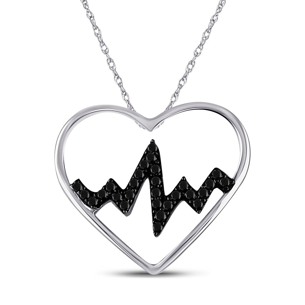 Sterling Silver Women's Black Color Enhanced Diamond Heartbeat Heart Pendant 1/10 ctw - view 2