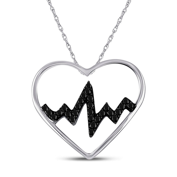 Sterling Silver Women's Black Color Enhanced Diamond Heartbeat Heart Pendant 1/10 ctw - view 2