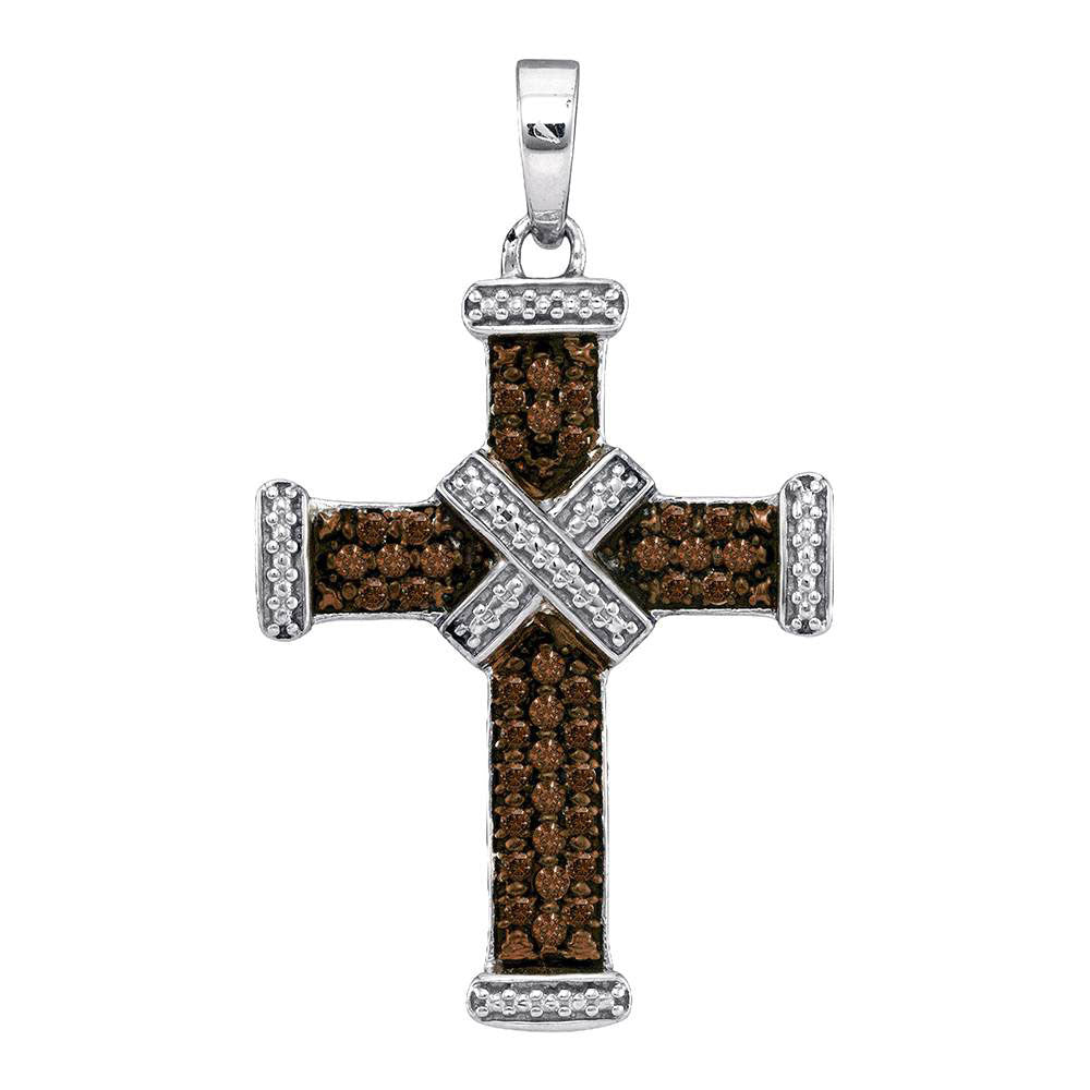 Sterling Silver Women's Brown Diamond Cross Faith Pendant 1/4 ctw