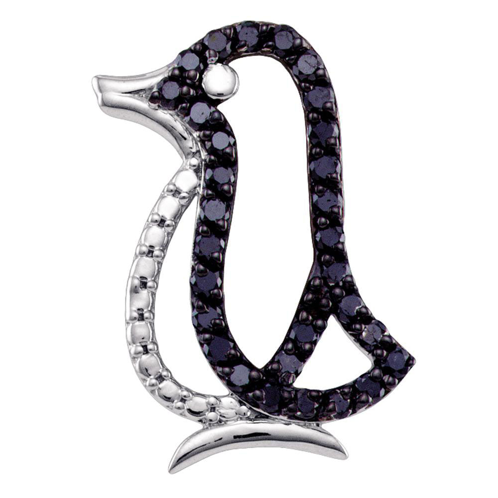 Sterling Silver Women's Black Color Enhanced Diamond Penguin Bird Animal Pendant 5/8 ctw