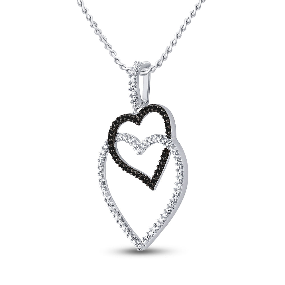 Sterling Silver Women's Black Color Enhanced Diamond Double Heart Pendant 1/8 ctw