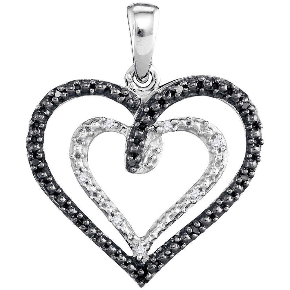 Sterling Silver Women's Black Color Enhanced Diamond Double Nested Heart Pendant 1/20 ctw