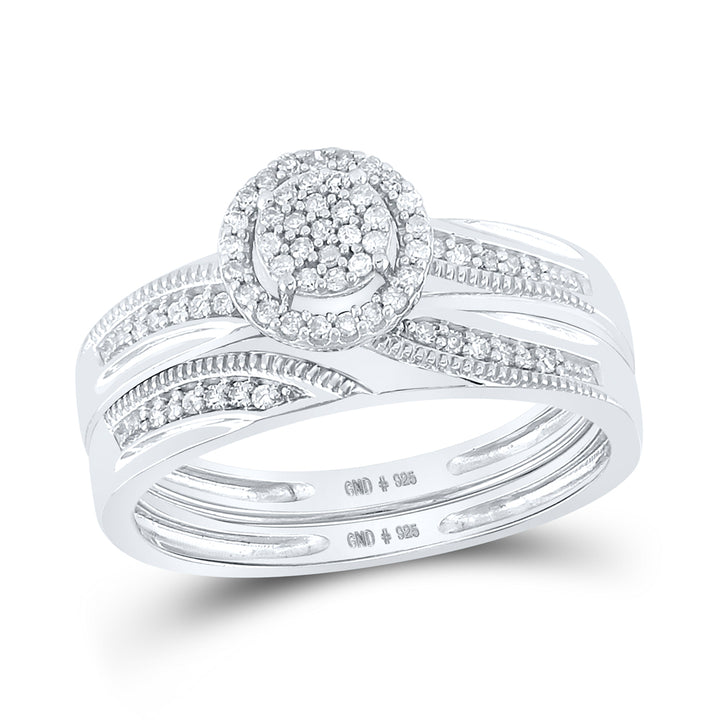 Sterling Silver His & Hers Round Diamond Cluster Matching Bridal Wedding Ring Band Set 1/4 Cttw