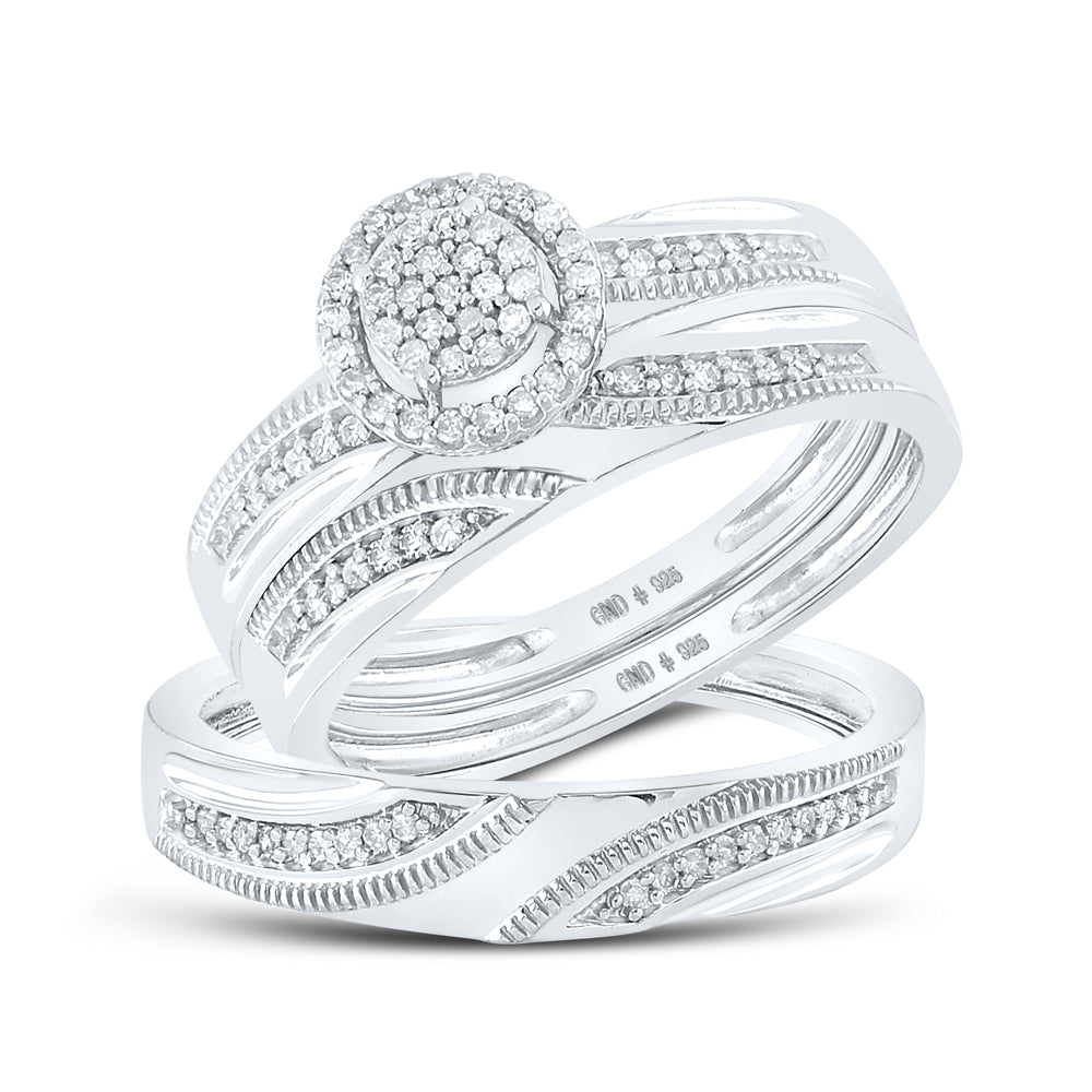 Sterling Silver His & Hers Round Diamond Cluster Matching Bridal Wedding Ring Band Set 1/4 Cttw