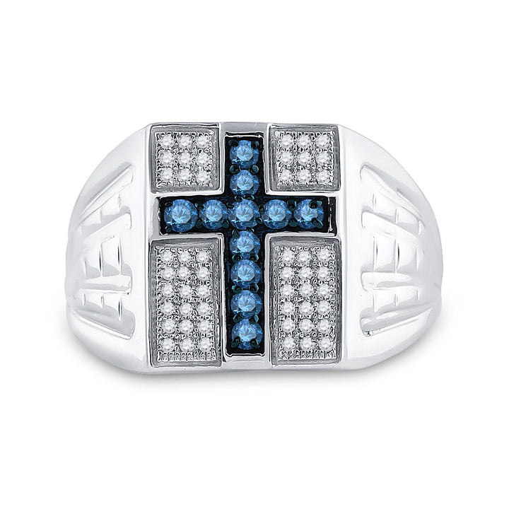 Sterling Silver Mens Round Blue Color Enhanced Diamond Cross Religious Ring 1/2 Cttw