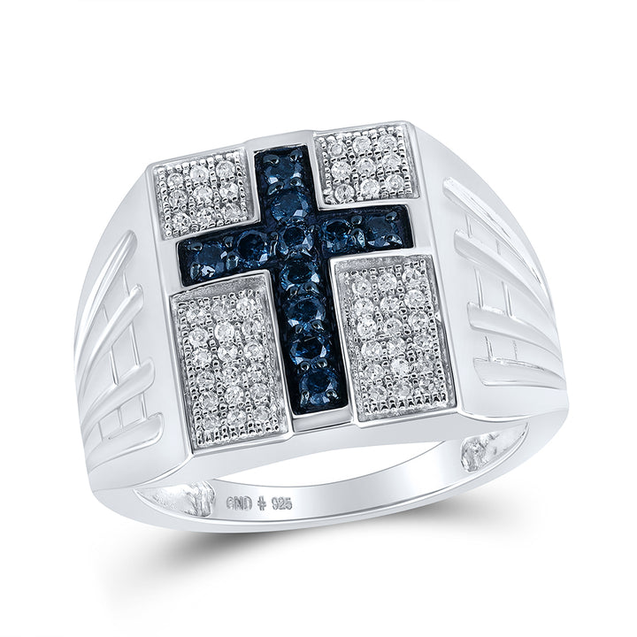 Sterling Silver Mens Round Blue Color Enhanced Diamond Cross Religious Ring 1/2 Cttw