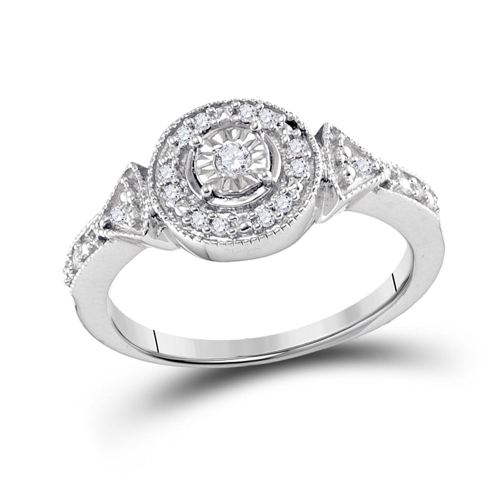 Sterling Silver Womens Round Diamond Halo Solitaire Ring 1/8 Cttw