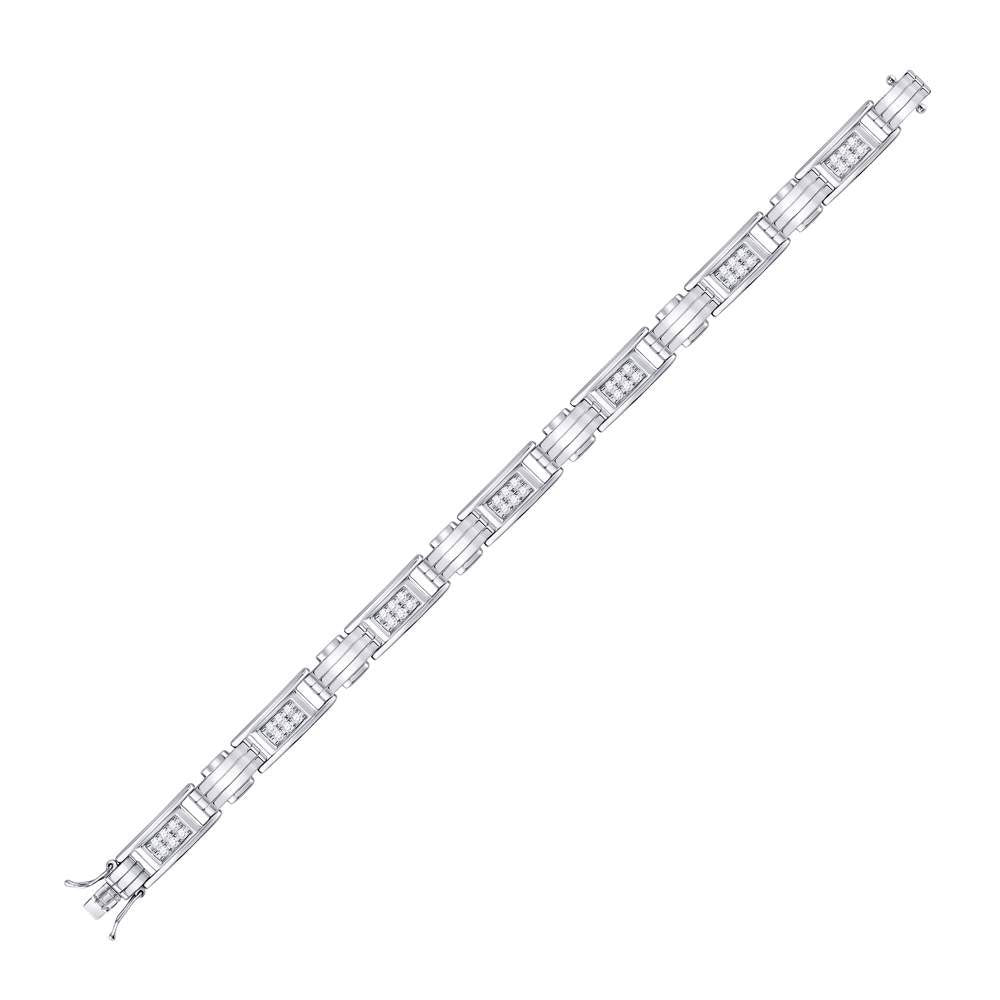 10kt White Gold Mens Round Diamond Rectangle Link Fashion Bracelet 1.00 Cttw