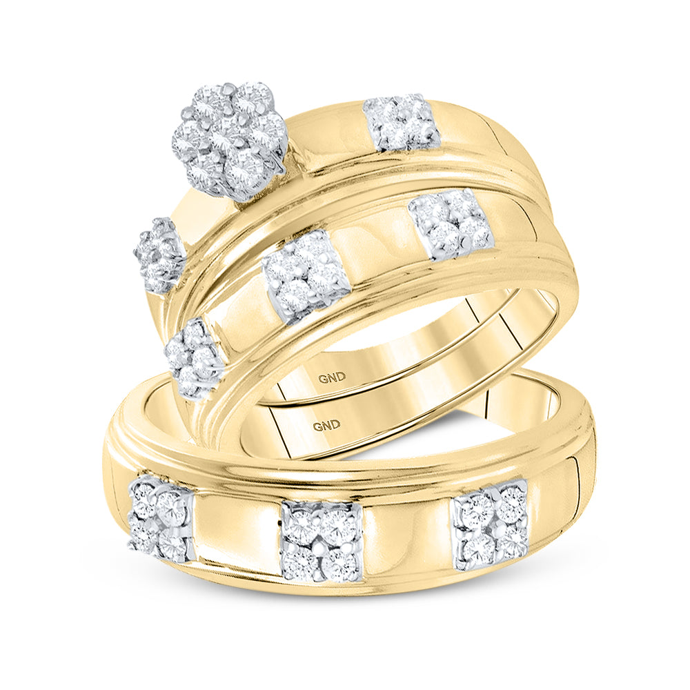 14kt Yellow Gold His Hers Round Diamond Cluster Matching Bridal Wedding Ring Band Set 7/8 Cttw