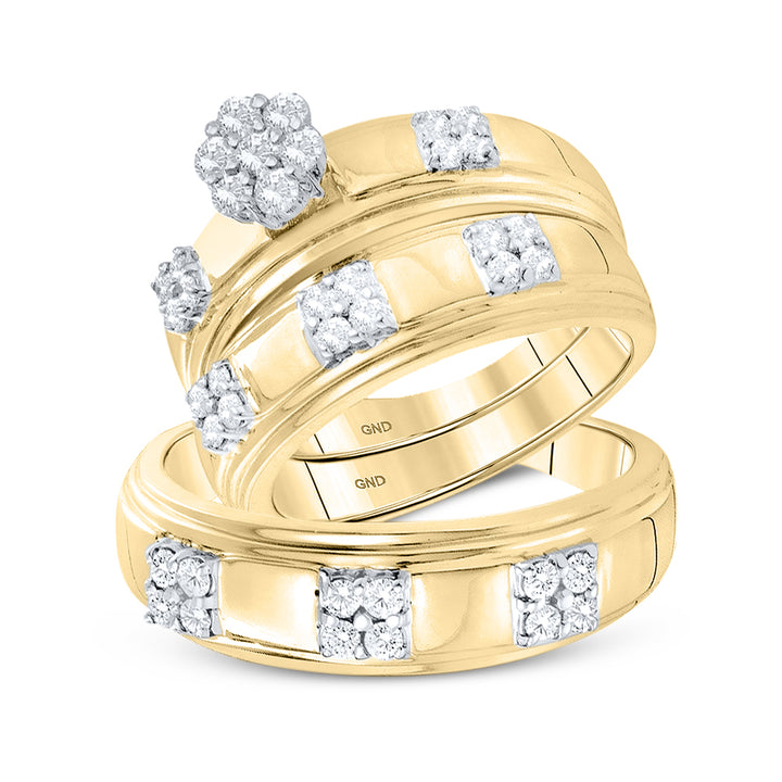 14kt Yellow Gold His Hers Round Diamond Cluster Matching Bridal Wedding Ring Band Set 7/8 Cttw