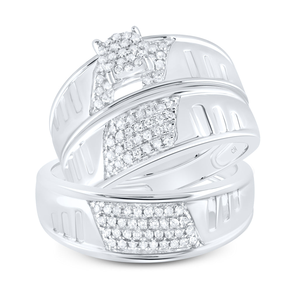 10kt White Gold His & Hers Round Diamond Cluster Matching Bridal Wedding Ring Band Set 3/8 Cttw