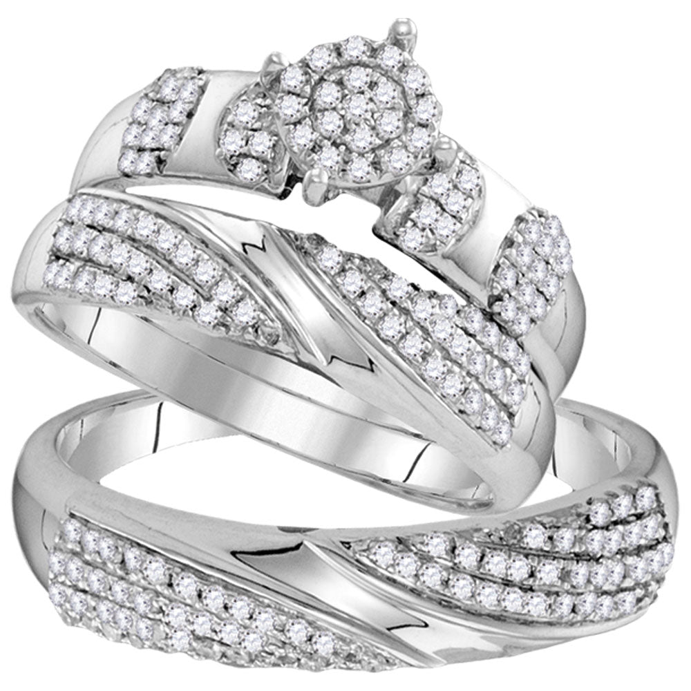 10kt White Gold His Hers Round Diamond Cluster Matching Bridal Wedding Ring Band Set 3/4 Cttw