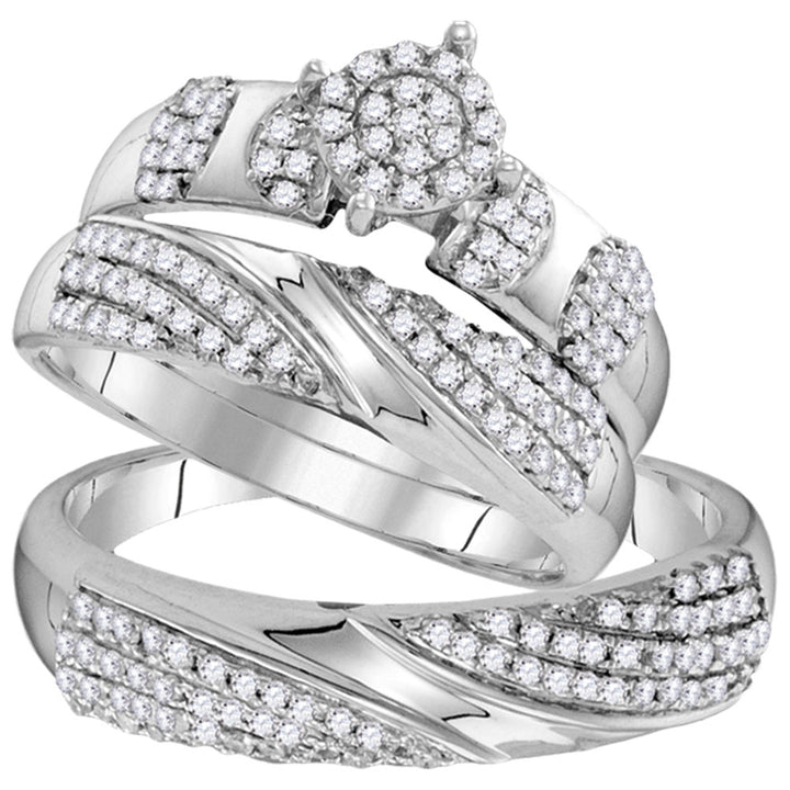 10kt White Gold His Hers Round Diamond Cluster Matching Bridal Wedding Ring Band Set 3/4 Cttw