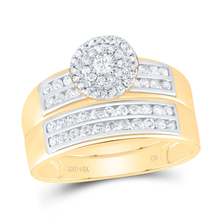 14kt Yellow Gold His & Hers Round Diamond Solitaire Matching Bridal Wedding Ring Band Set 7/8 Cttw