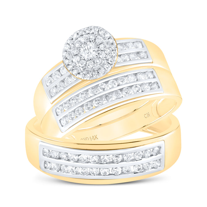 14kt Yellow Gold His & Hers Round Diamond Solitaire Matching Bridal Wedding Ring Band Set 7/8 Cttw