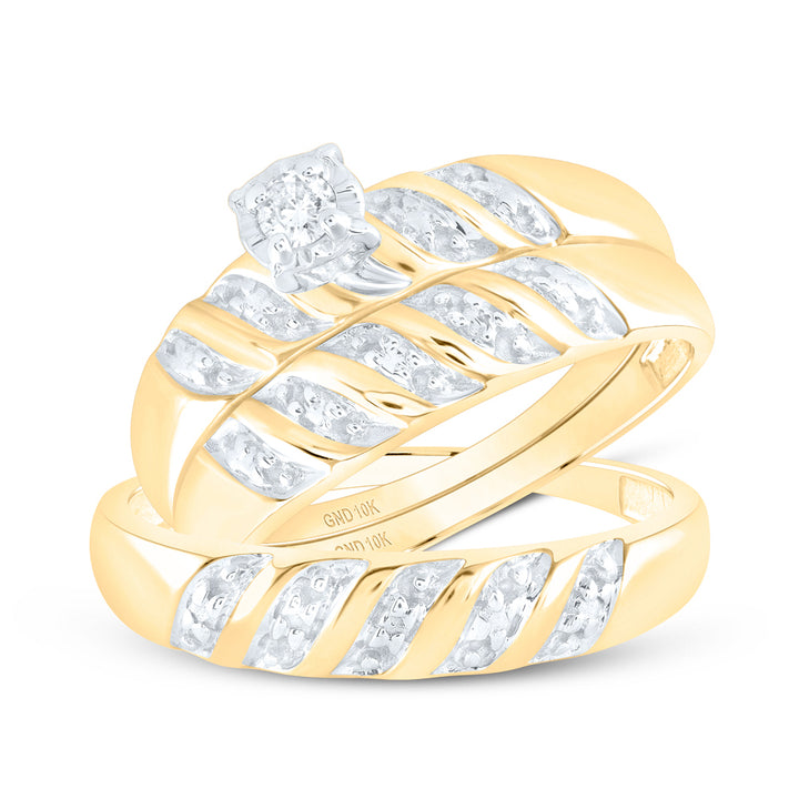 10kt Yellow Gold His Hers Round Diamond Solitaire Matching Bridal Wedding Ring Band Set 1/20 Cttw