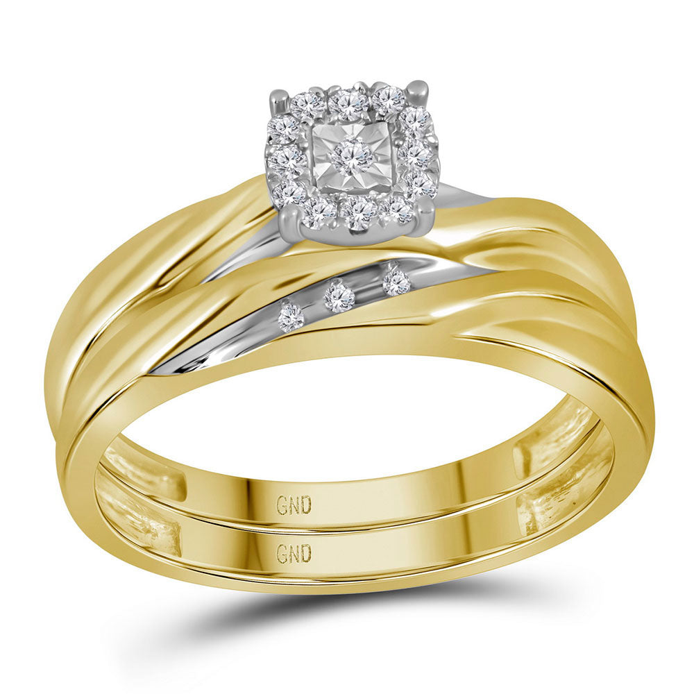 10kt Yellow Gold His & Hers Round Diamond Solitaire Matching Bridal Wedding Ring Band Set 1/8 Cttw