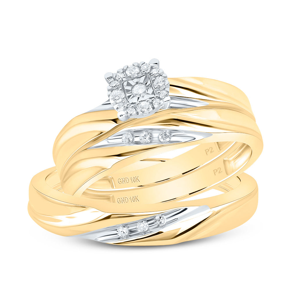 10kt Yellow Gold His & Hers Round Diamond Solitaire Matching Bridal Wedding Ring Band Set 1/8 Cttw