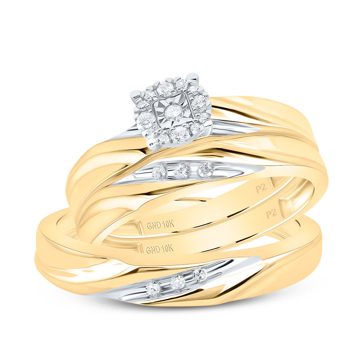 10kt Yellow Gold His & Hers Round Diamond Solitaire Matching Bridal Wedding Ring Band Set 1/8 Cttw