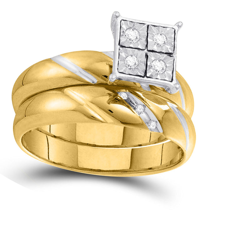 10kt Yellow Gold His Hers Round Diamond Cluster Matching Bridal Wedding Ring Band Set 1/8 Cttw