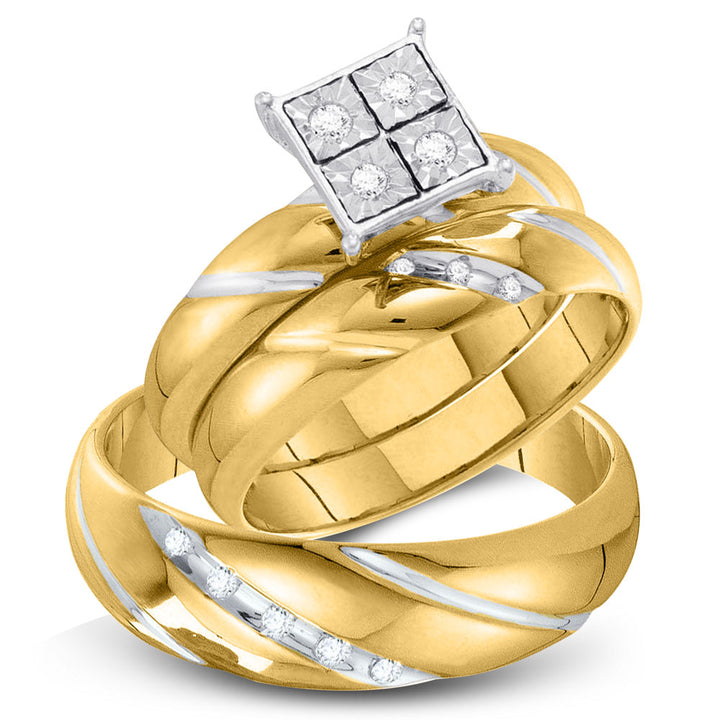 10kt Yellow Gold His Hers Round Diamond Cluster Matching Bridal Wedding Ring Band Set 1/8 Cttw