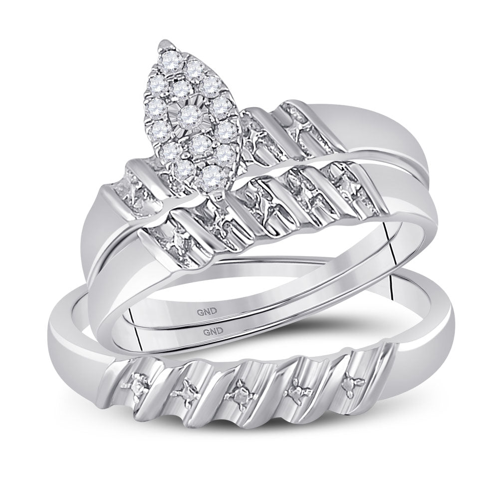 10kt White Gold His & Hers Round Diamond Cluster Matching Bridal Wedding Ring Band Set 1/8 Cttw