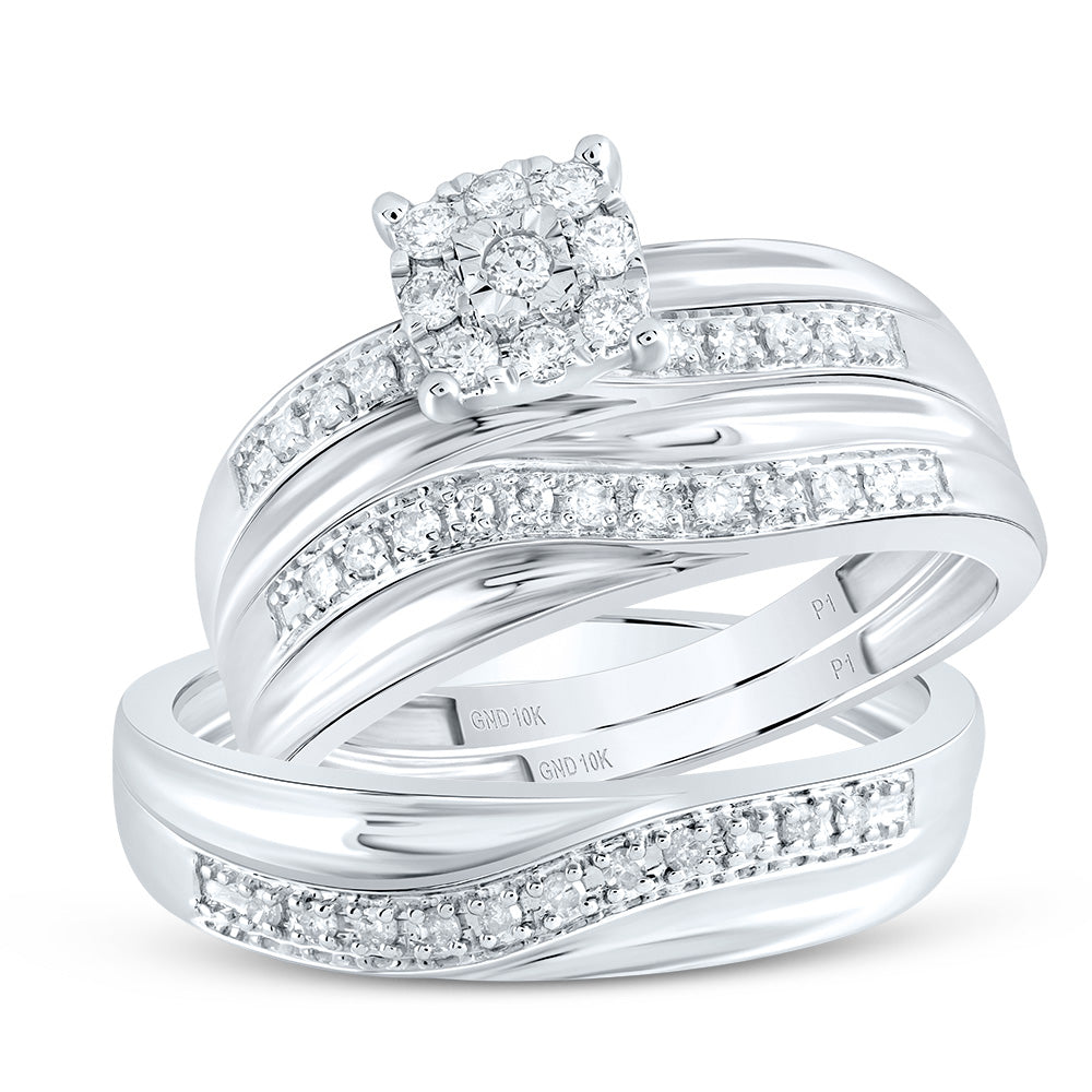 10kt White Gold His & Hers Round Diamond Solitaire Matching Bridal Wedding Ring Band Set 1/3 Cttw