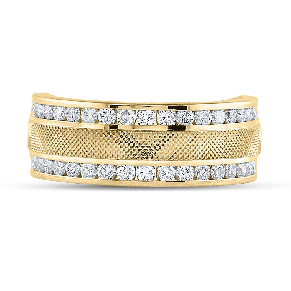14kt Yellow Gold Mens Round Diamond Double Row Textured Wedding Band Ring 1.00 Cttw