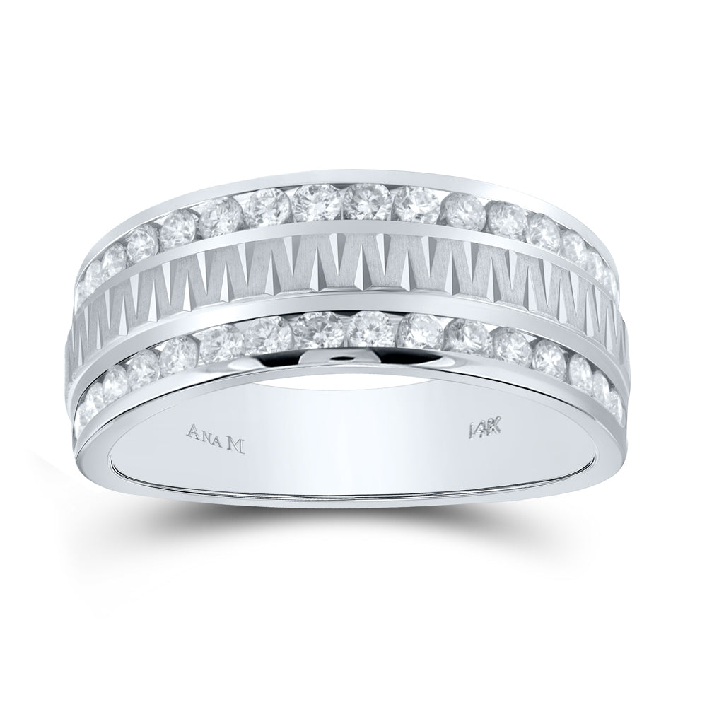 14kt White Gold Mens Round Channel-set Diamond Grecco Textured Double Row Wedding Band Ring 1.00 Cttw