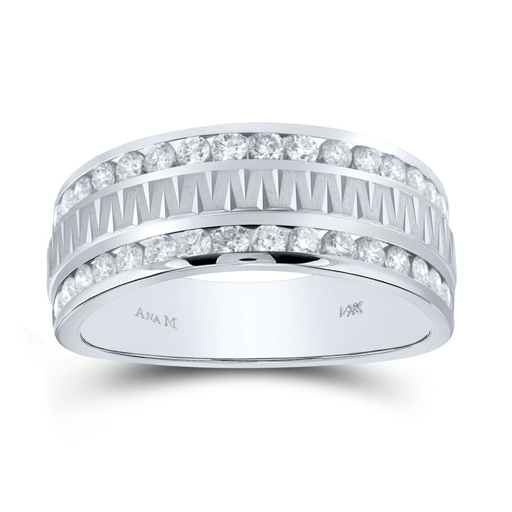 14kt White Gold Mens Round Channel-set Diamond Grecco Textured Double Row Wedding Band Ring 1.00 Cttw