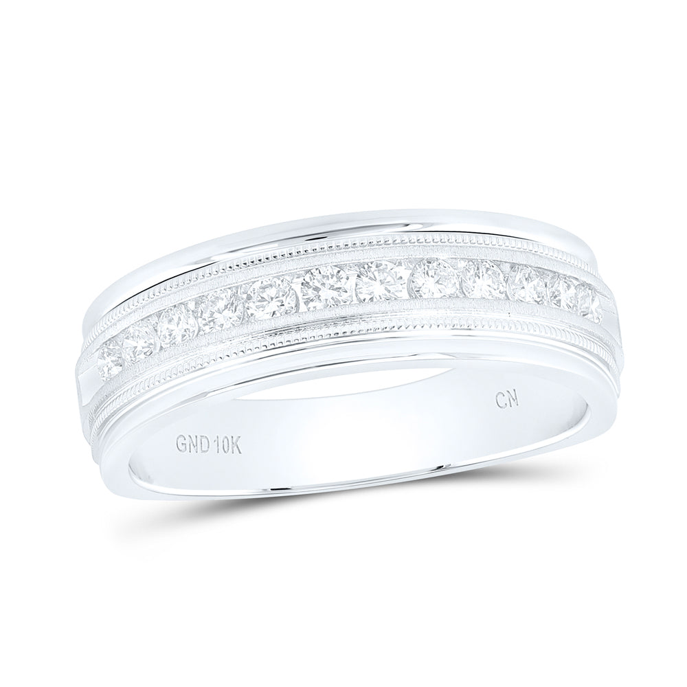 10kt White Gold Mens Round Channel-set Diamond Milgrain Edge Wedding Band Ring 1/2 Cttw