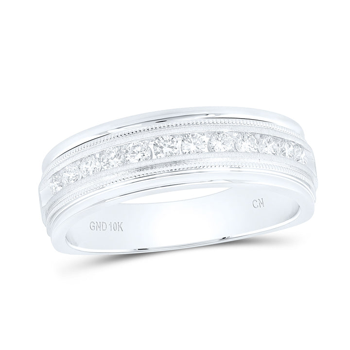 10kt White Gold Mens Round Channel-set Diamond Milgrain Edge Wedding Band Ring 1/2 Cttw