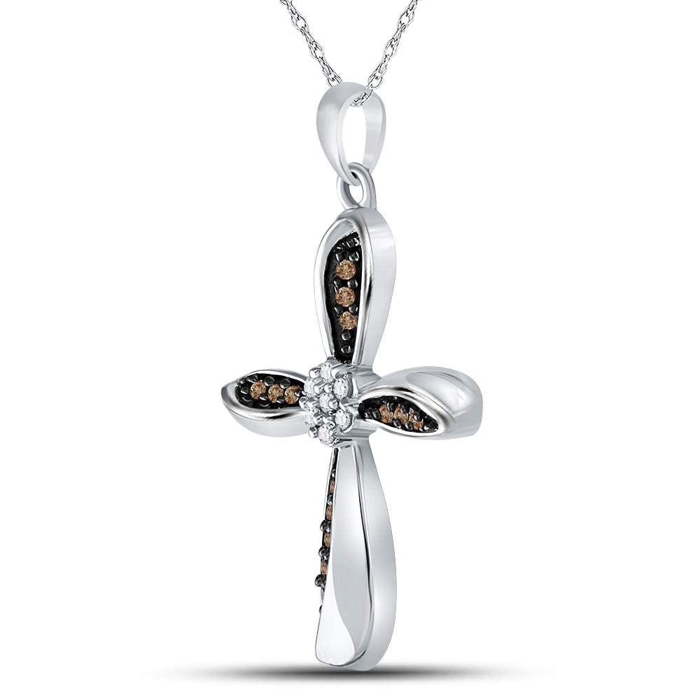 Sterling Silver Women's Brown Diamond Cross Pendant 1/4 ctw