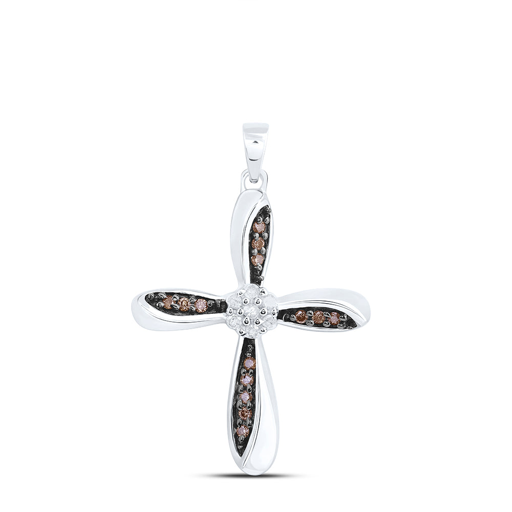 Sterling Silver Women's Brown Diamond Cross Pendant 1/4 ctw - view 2
