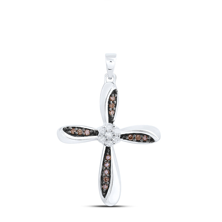 Sterling Silver Women's Brown Diamond Cross Pendant 1/4 ctw - view 2