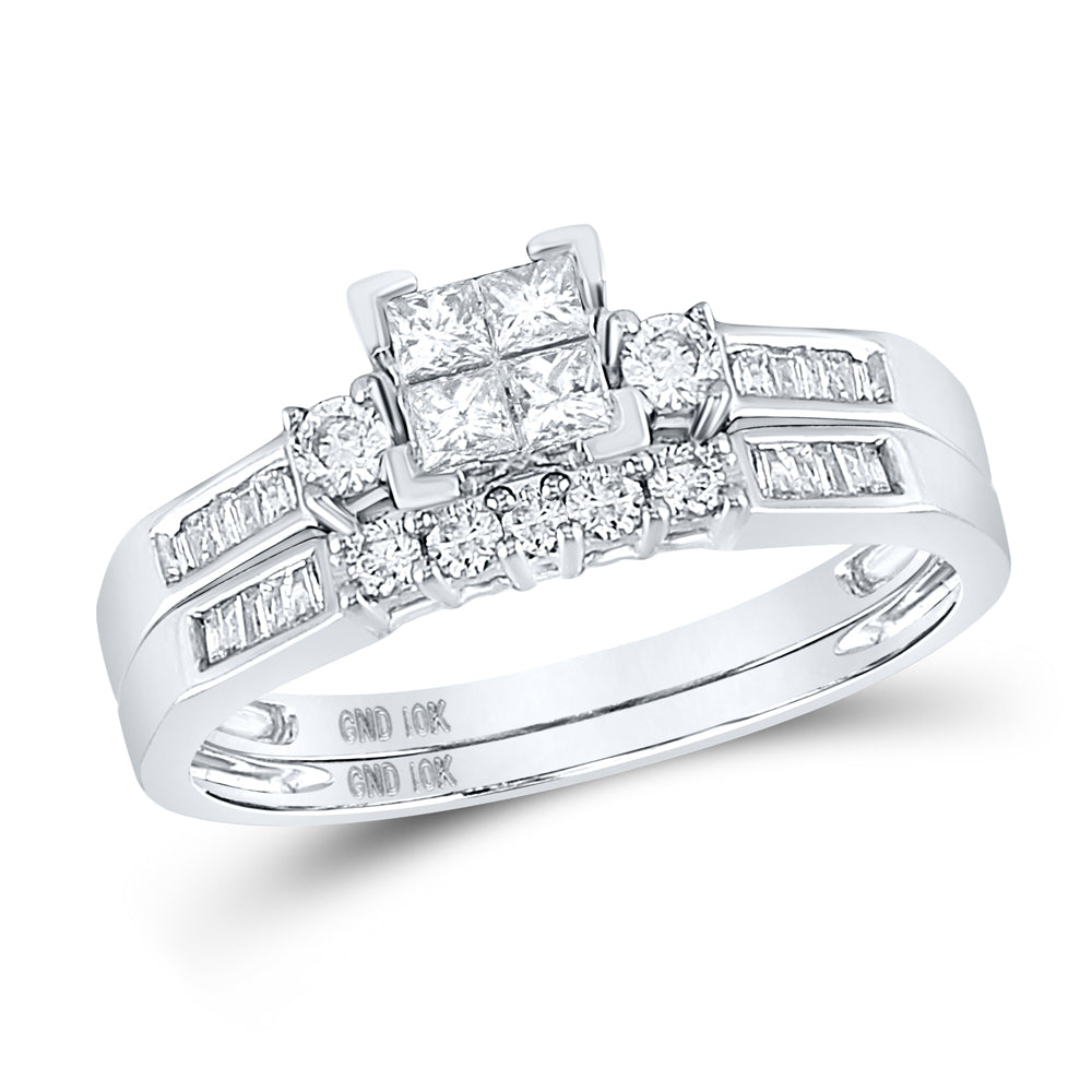 10kt White Gold Womens Princess Diamond Bridal Wedding Engagement Ring Band Set 1/2 Cttw - Size 8