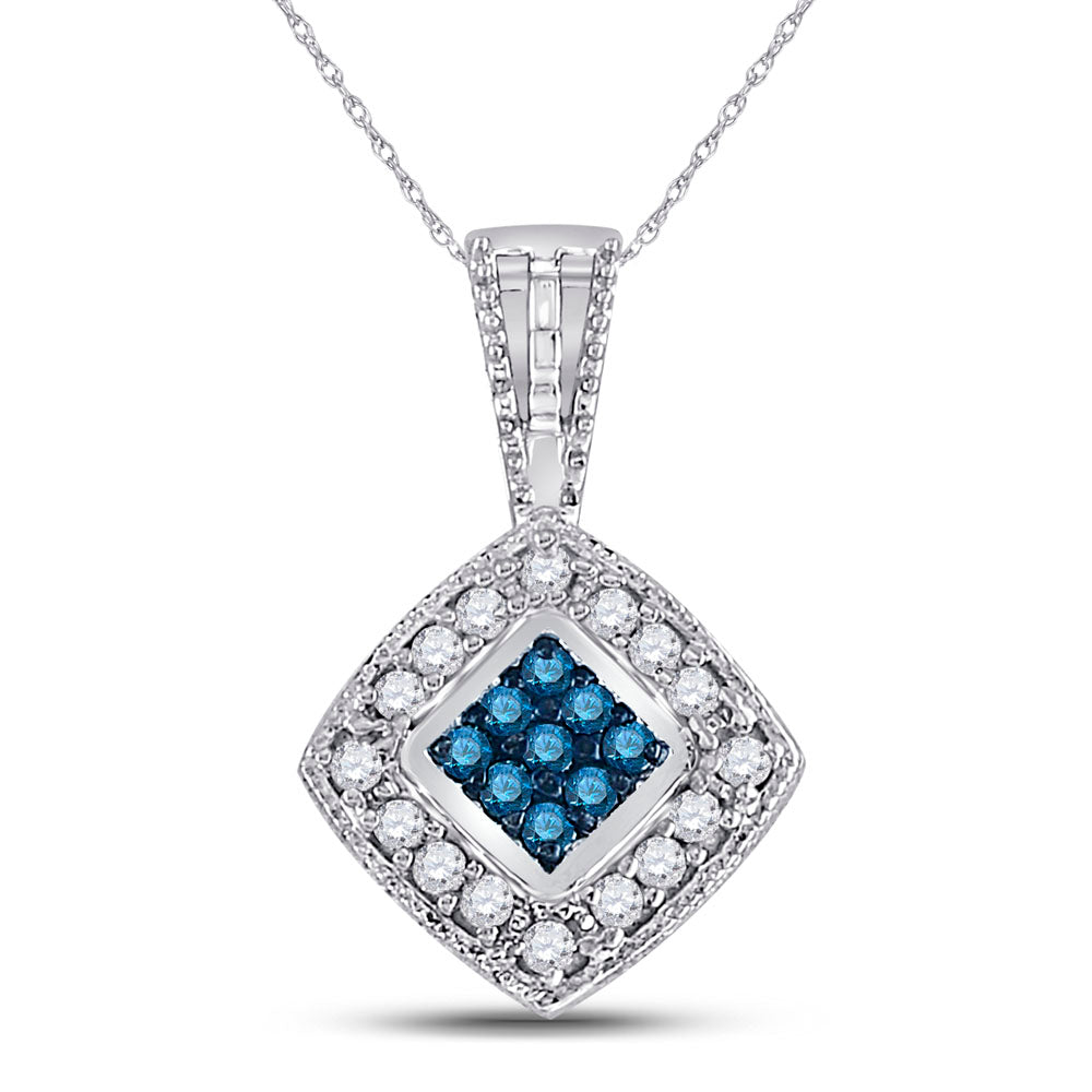 10kt White Gold Women's Blue Color Enhanced Diamond Diagonal Square Cluster Pendant 1/4 ctw