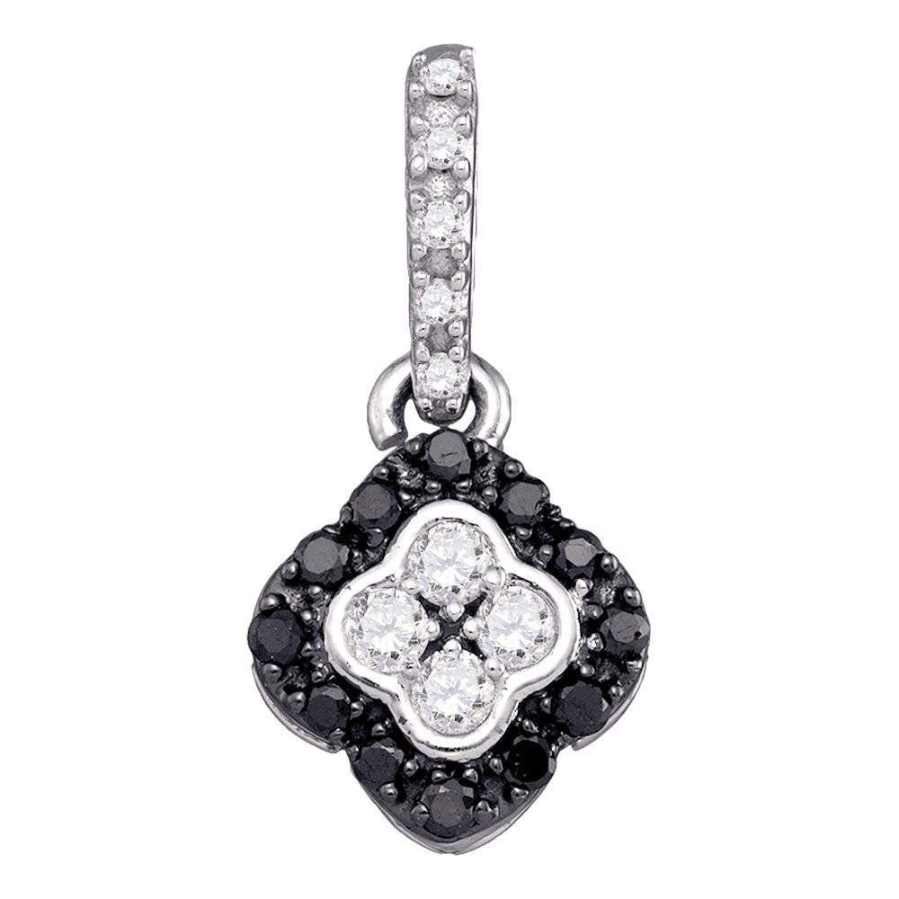 10kt White Gold Women's Black Color Enhanced Diamond Quatrefoil Cluster Pendant 1/3 ctw