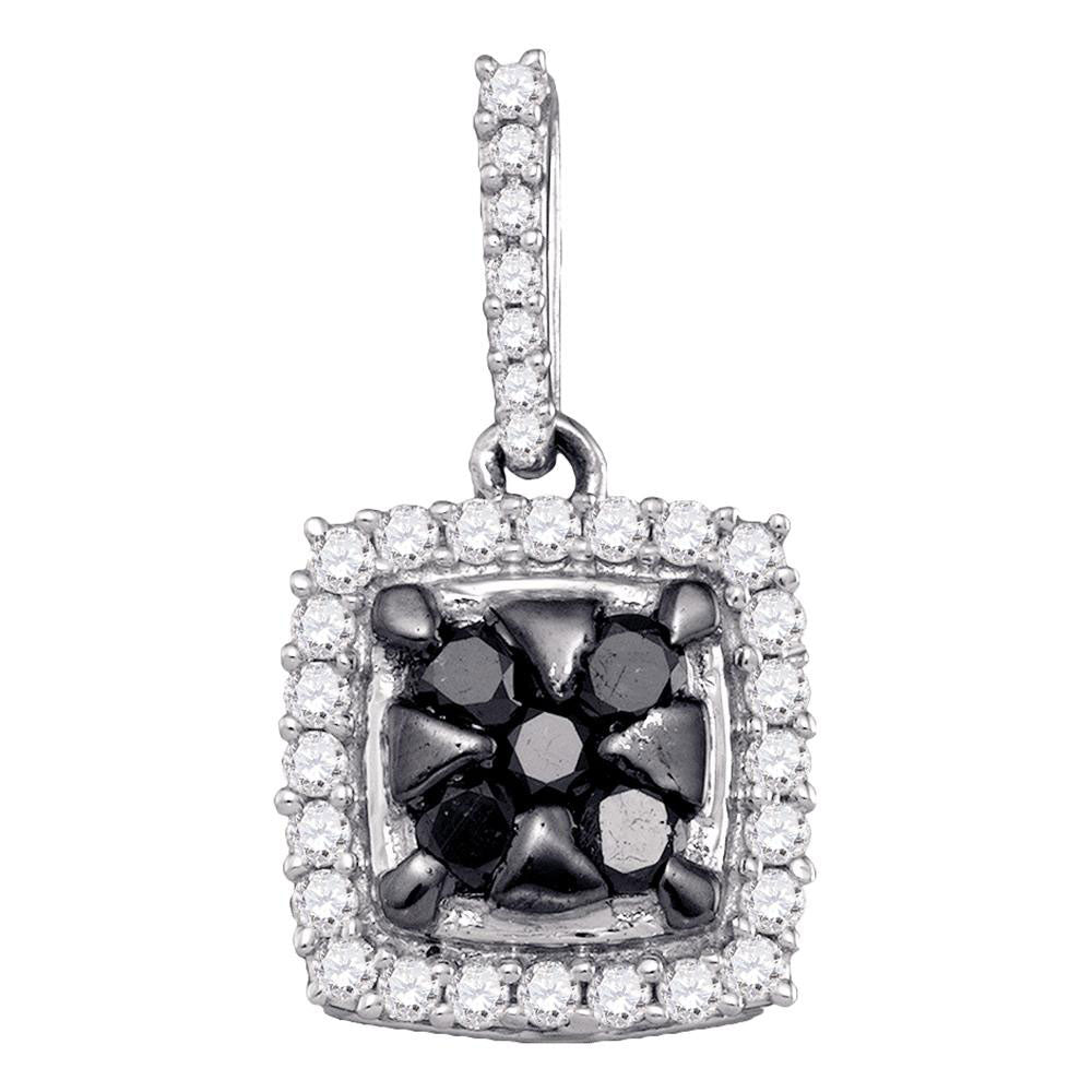 10kt White Gold Women's Black Color Enhanced Diamond Square Cluster Pendant 1/2 ctw
