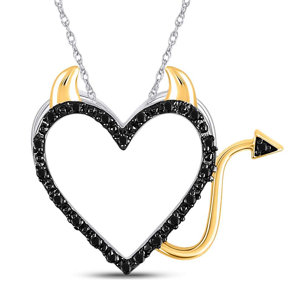 10kt White Gold Women's Black Color Enhanced Diamond Devil Naughty Heart Pendant 1/20 ctw