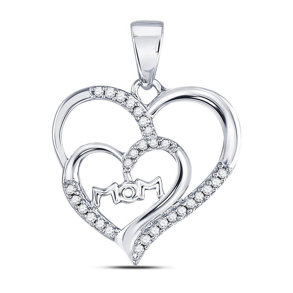 10kt White Gold Women's Diamond Mom Mother Double Heart Pendant 1/8 ctw