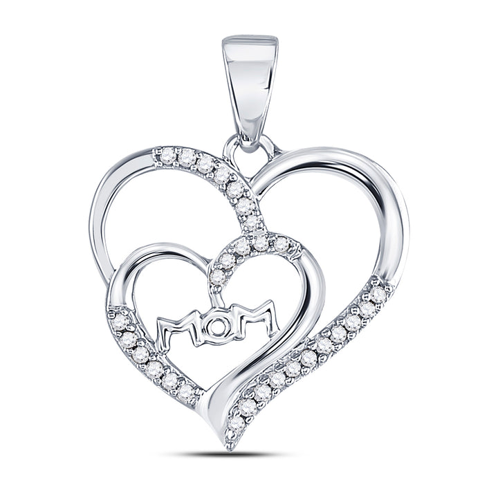 10kt White Gold Women's Diamond Mom Mother Double Heart Pendant 1/8 ctw