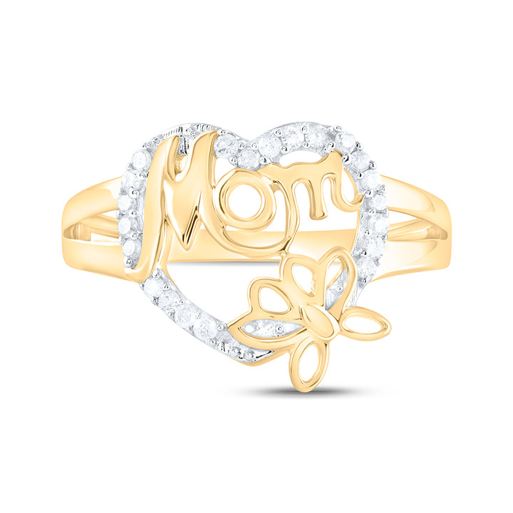 10kt Yellow Gold Womens Round Diamond Mom Mother Heart Butterfly Ring 1/6 Cttw