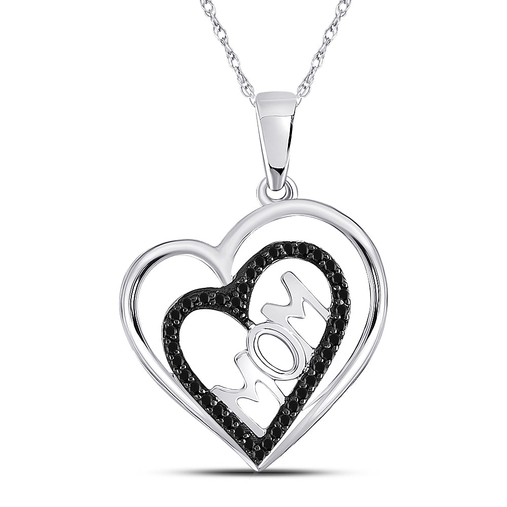 10kt White Gold Women's Black Color Enhanced Diamond Mom Mother Heart Pendant 1/8 ctw - view 2