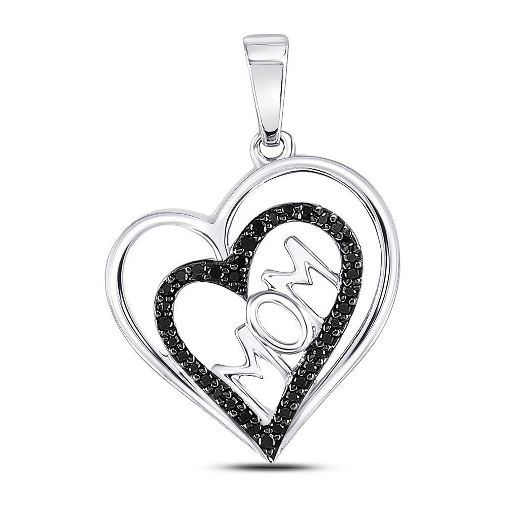 10kt White Gold Women's Black Color Enhanced Diamond Mom Mother Heart Pendant 1/8 ctw