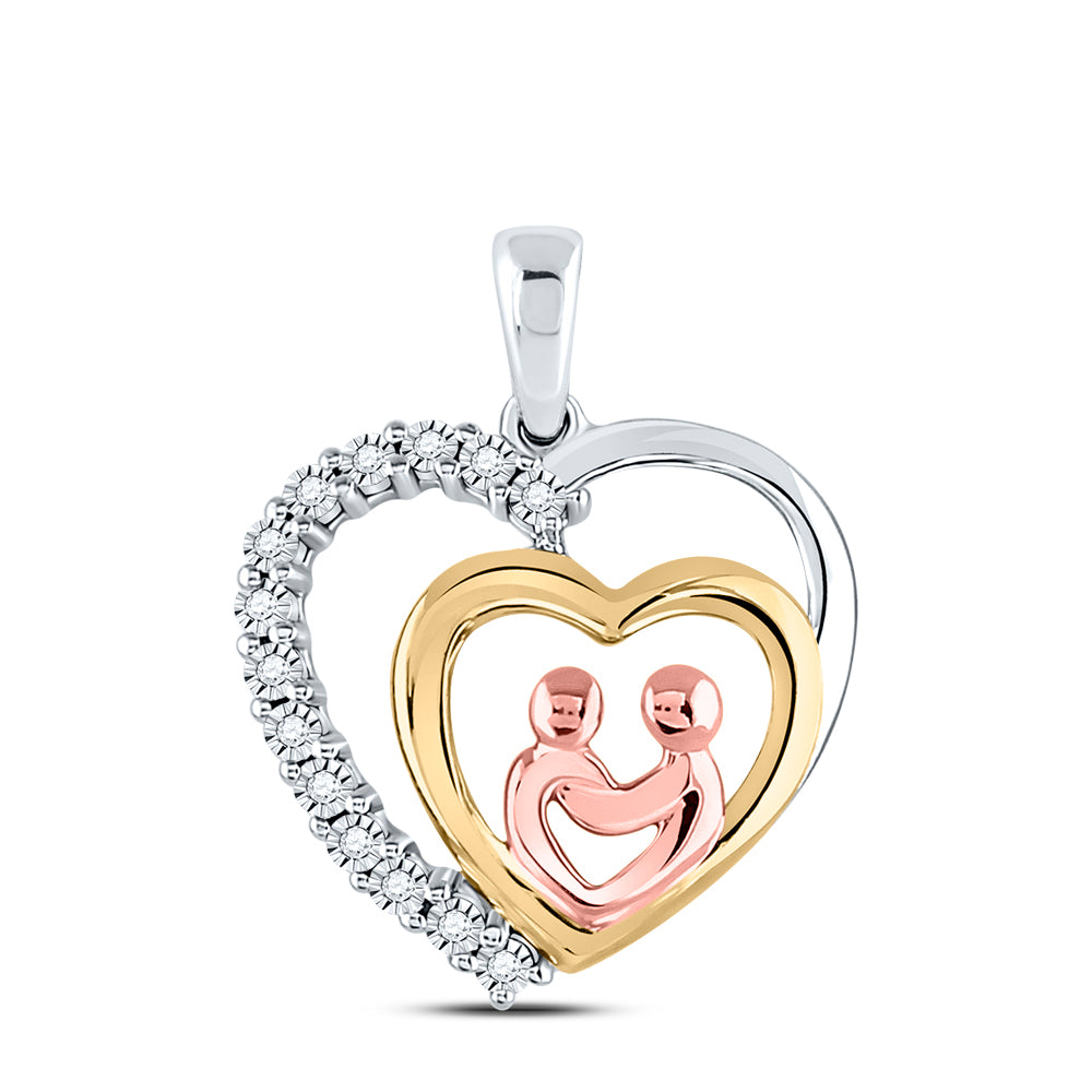 10kt Two-tone Gold Womens Round Diamond Child Mom Mother Heart Pendant 1/20 Cttw